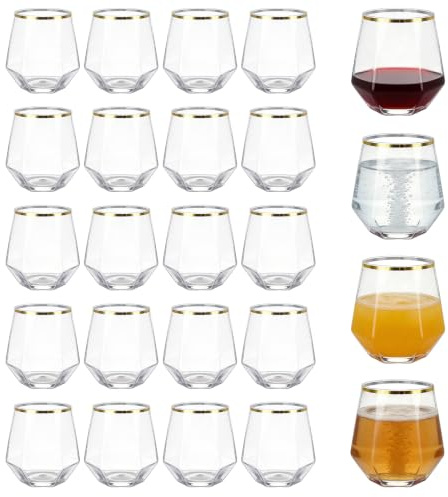 LOLYSIC 24 Pack Plastic Wine Glasses 12oz Gold Rim Stemless Wine Cups 350ml Reusable Clear Tumblers Shatter-Resistant Party Glasses for Weddings, Birthdays, Picnics, BBQ