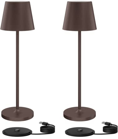Klighten 2 Stück Dimmbare LED Akku Tischlampe, Für Innen und Aussen, Aufladbar Designer Tischleuchte mit USB Ladestation, 3000K Warmweiß Licht, Rostfarben, IP54, Aluminium