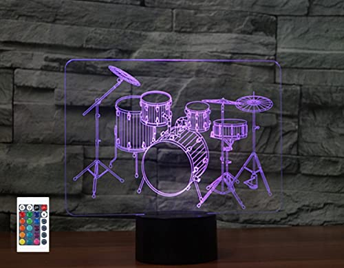 SUPERRUIDALONG 3D Drum Kit Fernbedienung 16 Farben Nachtlichter Illusion Acryl LED Tisch Nachttisch Lampe Kinder Schlafzimmer Schreibtisch Dekor Geburtstag Geschenke Spielzeug für Kinder