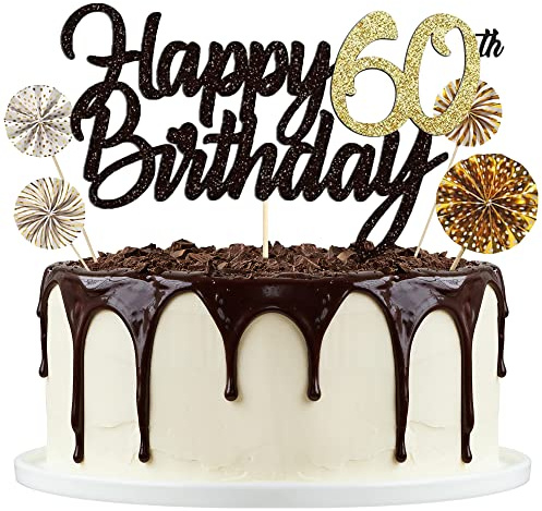 Tortendeko Schwarzes Gold 60th, Happy Birthday Cake Topper, Papierfächer Cupcake, 60. Kuchendeko Tortenstecker für Geburtstag Deko Männer Frauen