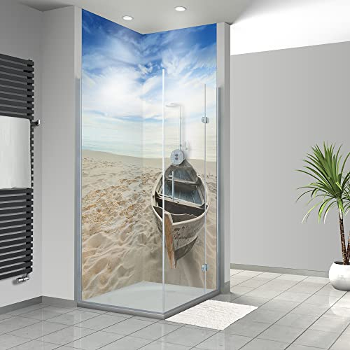 WANDFREUDE individuelle Duschrückwand Aluverbundplatte auf Maß (2 Stück - Boot auf Strand - Seidenmatt) – Dusche Wandverkleidung Duschwandverkleidung Duschrückwände