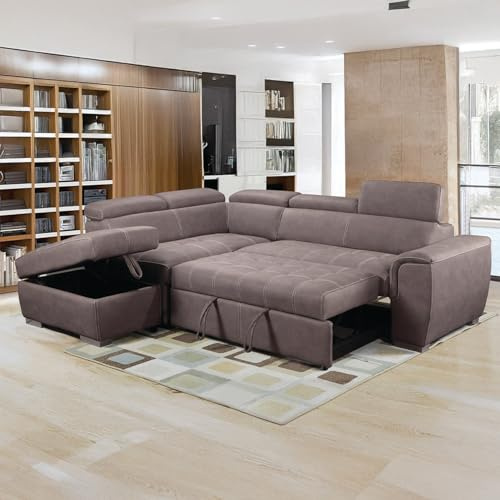 Furnishings For Less UK Corner Sofa Bed | Nevada Large Brown L Shaped Suede Mushroom | Tilting Headrest and Storage Ottoman Included (Left Hand Facing + Ottoman)