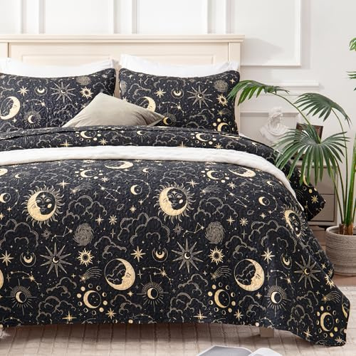 EXQ Home Quilt Set Full Queen Size Black Print 3 Piece,Lightweight Soft Coverlet Modern Style Sun Starry Pattern Bedspread Set(1 Quilt,2 Pillow Shams)