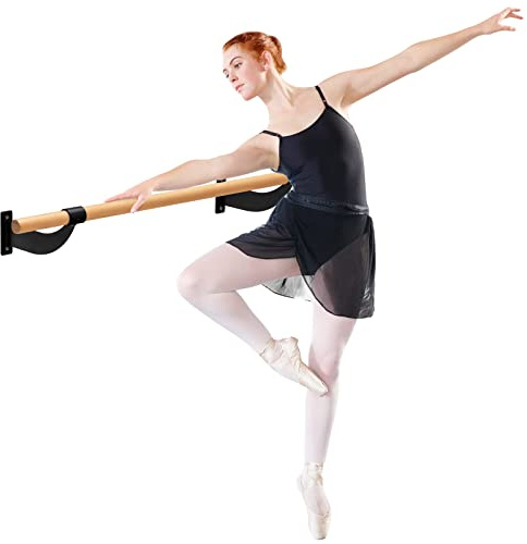 GYMAX Barra de Ballet de Madera, 120 cm de Largo, Soporte de Pared, Barra de Ejercicio, Barra de Baile, Altura Fija para Danza, Estiramiento y Yoga, Barra de Ballet para Niños y Adultos (Negro)