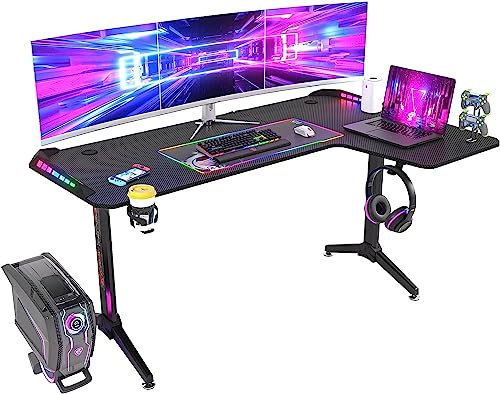 FATIVO Scrivania Gaming Angolare 162x60cm con LED RGB - Postazione PC Gamer a Forma di L per Gaming Room
