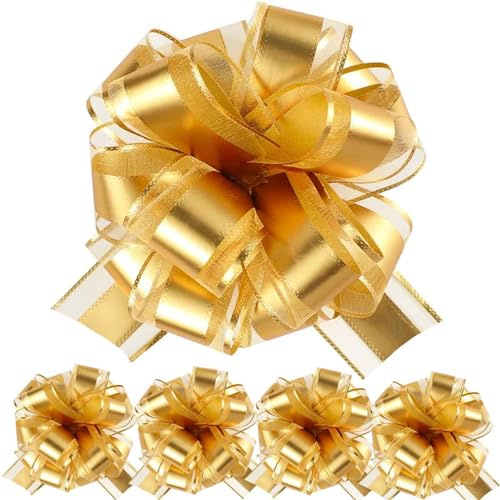 We Moment Zone 5 PCS 7 in(17.78cm) Large Pull Bows Wrapping Pull Bow Ribbon，Gold Gift Wrap Bows for Gift Wrapping Baskets Wedding or Flower Decorations, Valentine's Day Birthday Gift Decorations