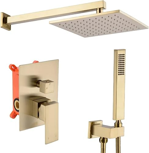 Messing Duschset, Unterputz-Brausegarnitur Set mit Handbrause Kopfbrause Badbrauseset für Hotels Fitnessstudios Hausgebrauch Golden