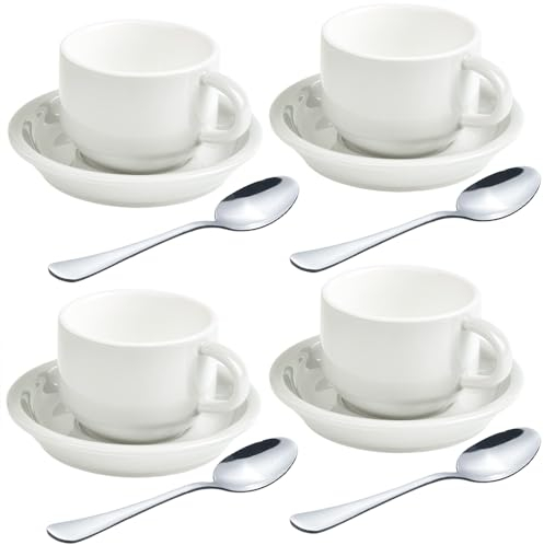 homEdge Set di 4 tazzine e piattini da caffè con cucchiaini, 70,9 g, colore: bianco