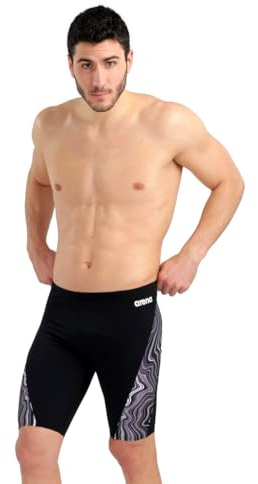 ARENA Performance Men's Marbled Swim Jammer MaxLife Athletic Practice Knee-Length Swimsuit Short Competitive Training Bathing Suit, Black/Black Multi, US Size 22