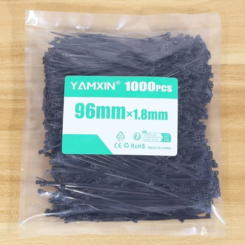 YAMXIN Cable Ties Small Black 96 mm x 1.8 mm - Pack of 1000 - for Electrical Installation, Household, Garden, Cable Management