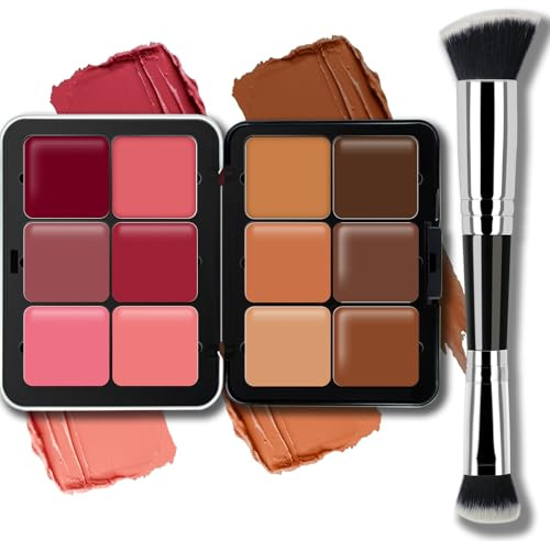 Noerrors 12 Colors Cream Contour Blush Palette, Colour Fix Concealer Foundation Face Sculpting Bronzer Blusher Highlighter Palette Matte Long Wearing Smudge Proof Blendable Makeup with Brush#02