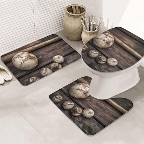 FLYIFE Rutschfeste Badezimmerteppich-Sets mit Baseballmotiv auf Holz, 3-teilig, Flanell-Badematte mit U-förmiger WC-Vorleger und WC-Sitzbezug