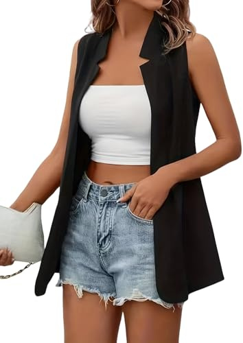 YONGHONGKEJI Smanicato Donna Blazer Senza Maniche Da Donna Lunghezza Media Casual Cardigan Aperto Sul Davanti Elegante Estivo Leggero Da Lavoro Ufficio Spolverino Trench Gilet Blazer Nero L