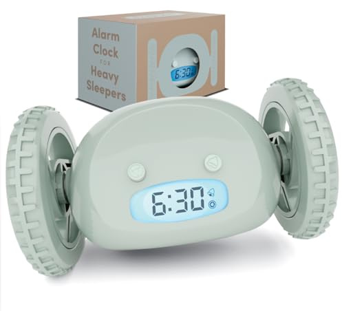 CLOCKY Sveglia Rumorosa per chi ha il Sonno Pesante Dormiglioni Sordi Ruote Sveglia Digitale da Comodino per Dormienti Rumorissima Adulti Bambini che Scappa Cammina Regali Divertenti (Salvia)