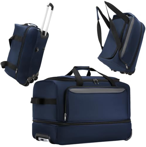 Cozary Reisetasche mit Rollen 57L - 3-in-1 Multifunktions-Reisetrolley aus wasserabweisendem Oxfordstoff, erweiterbarer Reisekoffer mit Rollen für Sporttasche groß Reiserucksack-56x29x35cm-Dunkelblau