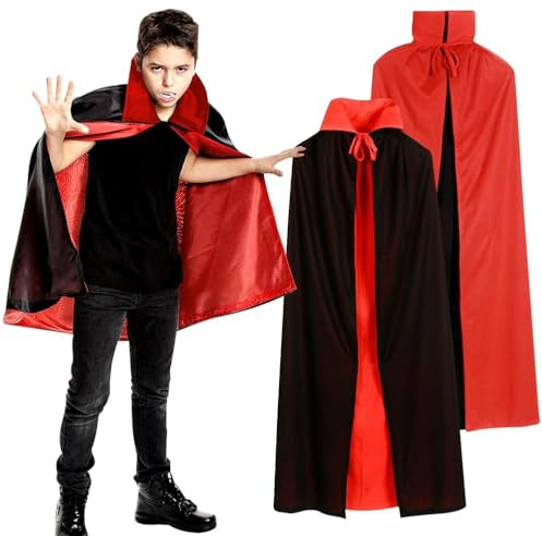 HATFRYF Rojo-Negro Capa con Capucha, Larga Capa de Mascarada para Halloween, Capa de Disfraz para Fiesta de Cosplay, Trajes de Rol de Bruja Vampiro para Adultos(90CM)