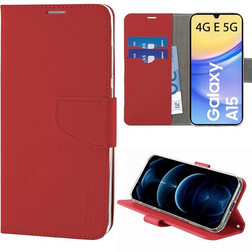 N NEWTOP Cover Compatibile con Samsung Galaxy A15 4G e 5G, HQ Lateral Custodia Libro Flip Chiusura Magnetica Portafoglio Simil Pelle Stand Protezione Completa Case TPU Anti Urto Guscio Base (Rosso)