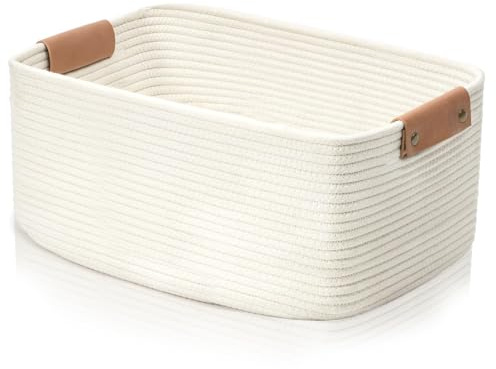 Meanon Woven Storage Basket – Cotton Rope Storage Basket with Leather Handles, Decorative Rope Storage Basket for Nursery, Living Room, Bathroom & Closet, for Toys, Books, and Shoes (30*15*15 CM)