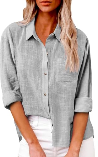 AMDOLE Linen Shirt Women Long Sleeve Cotton Linen Tops Casual Button Down Loose Oversized Summer Tops Dressy Blouses Plain Ladies Top Work Loose Fit Plus Size T-Shirts 2026 Grey S