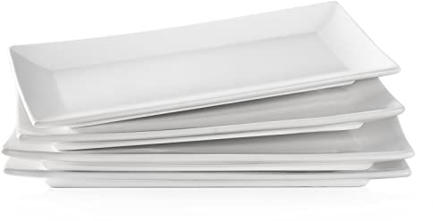 LIFVER Serving Platter, White Rectangle Plates Set of 4, 10 Inches Sushi Plate, Ceramic Serving Trays for Party, Dessert, Appetizer, Steak, Serving Dishes for Entertaining, Dishwasher & Oven Safe
