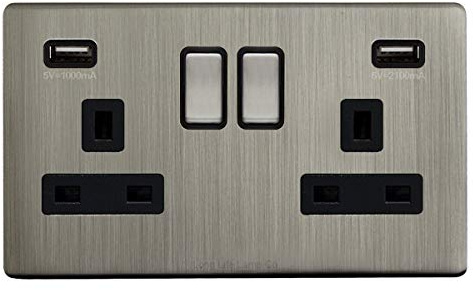 Gloss Brush Chrome USB Double Wall Plug Socket 2 Gang 13A with 2 USB Charger Port Outlets Socket Plate N776DME
