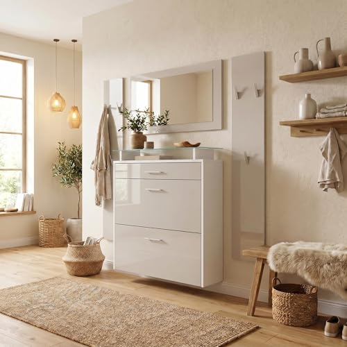 Vladon Garderobe Malea, Garderobenset bestehend aus 1 Hängeschuhschrank, 1 Wandspiegel und 2 Garderobenpaneele, Weiß matt/Sandgrau Hochglanz