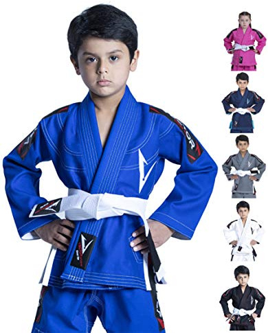 Vector Sports 100% Cotton Pearl Weave Kids Brazillian Jiu Jitsu BJJ Gi Attila Series Kimono Lightweight Preshrunk Fabric with Free White Belt (Blue, K1)