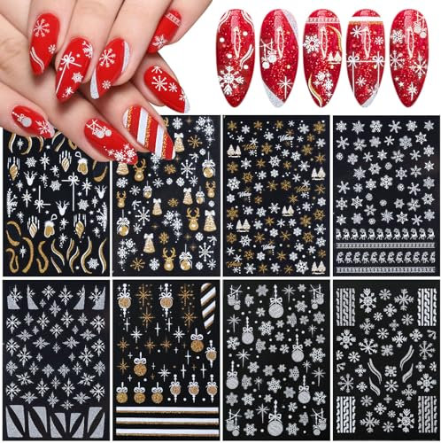 8 Blatt Nagelaufkleber Weihnachten Glitzer Nagelsticker Selbstklebend Schneeflocke Weihnachten Winterurlaub Weiß Rentier Schneemann Nail Art Sticker Dekoration Nageldesign Zubehör Frauen Mädchen