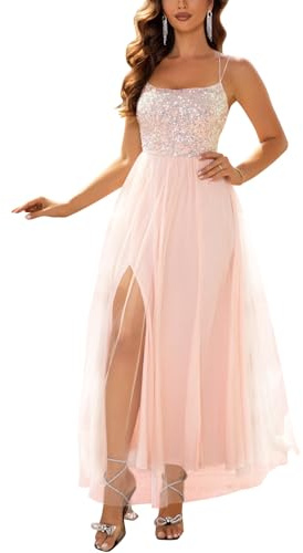 Onsoyours Abendkleid Damen Lang Elegant Paillettenkleid Glitzer Tüll Spaghetti Cocktailkleid Seitenschlitz Brautkleid Partykleid Brautkleid Maxi Kleid A Rosa XL