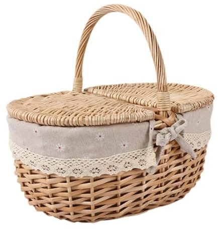 perfk Picknickkorb aus Weide, Aufbewahrungskorb aus Weide mit Deckel und Griff, gewebter Rattan-Aufbewahrungskorb für Partys im Freien, beige grau, groß