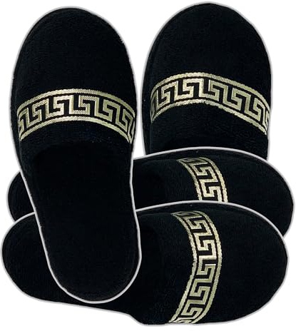 Belle Arti Hotelltofflor, frottétofflor, mäanderdesign i svart, guld, badtofflor för kvinnor och män, 100 % bomull, frotté, 2-pack, X-Large