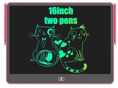 LCD Schreibtafel Kinder mit Zwei Stiften, Zaubertafel 16 Zoll, Umweltfreundlich Heller Bunten Schrift Pad Lernspielzeug, Geschenke für 3-8 Jährige Mädchen Jungen (Pink)