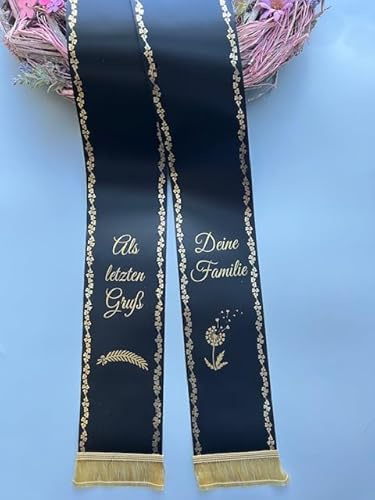 (19 Farbe Auswahl) SuperSatin Trauerschleife mit Text personalisiert, Grabsgesteckband bedruckt nach Wunschtext, Urnen- Grabstrausschleife, Kranzschleife (Schwarz, 150mm Breite)