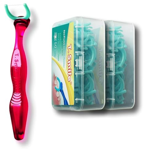 T.Smile NoFuss, kit filo interdentale con manico lungo 12,7 cm (1 manico rosso + 100 ricariche)