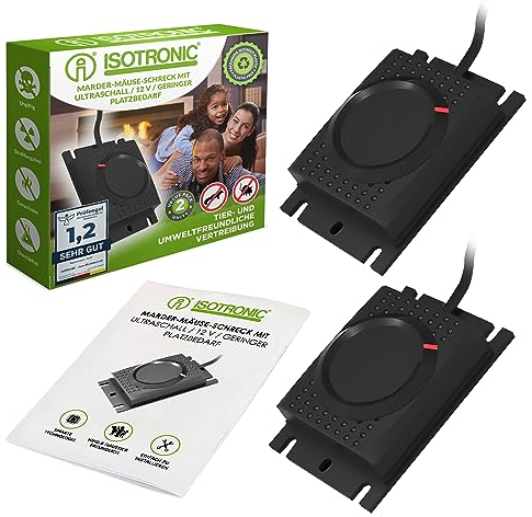 ISOTRONIC Marderscheuche Marderfix 12V Batterie | Marderabwehr Marder-Frei Mäuseschreck | Auto KFZ Marderfrei Marderschutz mit Ultraschall Akustik, 2 Stück