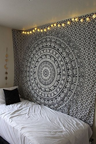 RAJRANG Mandala Hippie Wandteppich Dekorativ Schwarz Weiß Elefant Mandala Tapisserie Böhmische indische Wandbehänge wandtuch Tagesdecke für Wohnzimmer, Schlafzimmer, Picknick - 127x152 cm
