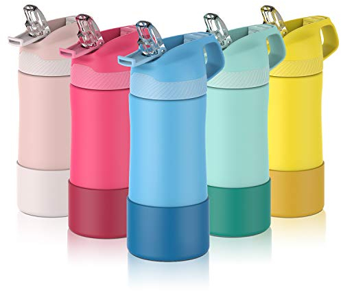 FEIJIAN Botella Agua Acero Inoxidable Niños Sin BPA/Sin Fugas, 400ML Botella Termica con Pajita Doble Pared, Botellas de Frío/Caliente Reutilizable para Colegio