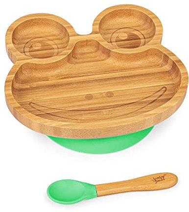 bambuswald© Set di Stoviglie per Neonati e Bambini, Stoviglie per Bambini, Cucchiaio, Piatto, Ciotola, Sostenibile ed Ecologico, Set di Stoviglie per Colazione, Piatti con Ventosa, Rana Verde