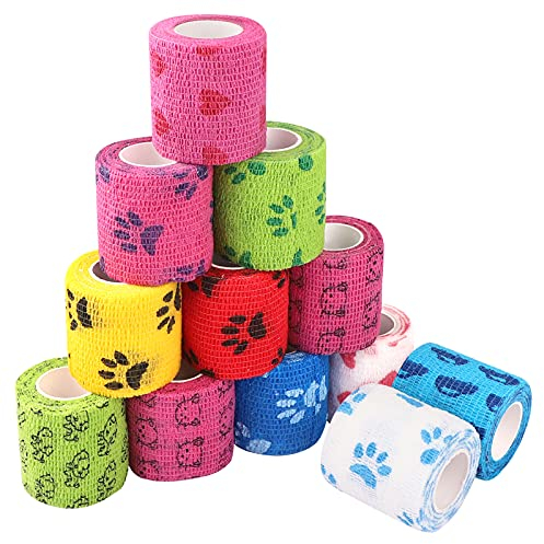 12 pièces Vet Wrap Bandage auto-adhésif pour chiens,chats et autres animaux,Bandage Medical Vétérinaire de 5 cm x 4,5 m,élastique Bandage Cohesif pour Poignet Cheville et Gonflement (Multicolore)