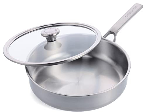 Merten & Storck Tri-Ply Stainless Steel 26cm/3.4L Saute Pan Jumbo Cooker with Lid,Professional,Multi Clad,Measurement Markings,Drip-Free Pouring Edges,Glass Lid,Induction,Oven Safe up to 200°C,Silver