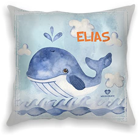 wolga-kreativ personalisiertes Kissen Wal 40x40 cm – Kuschelkissen mit Namen & süßen Kindermotiven – Geschenk zur Geburt, Taufe & Geburtstag – Flauschiges Babykissen – Bedruckt in Deutschland