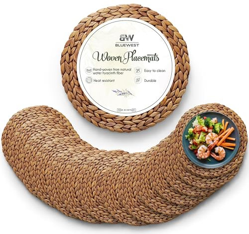 (Dimensioni: 30,5 - 33 - 35,6 cm) BLUEWEST - Set di 14 tovagliette rotonde in rattan marrone in giacinto d'acqua, design intrecciato resistente al calore e antiscivolo, per tavolo da pranzo (33 cm)