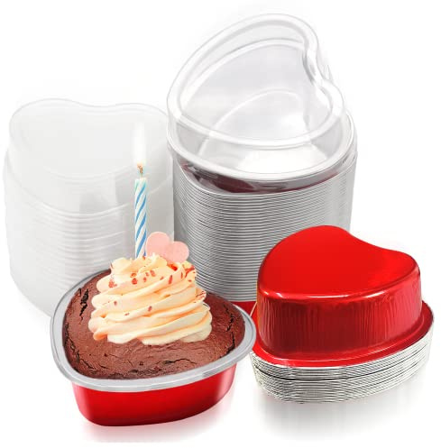 IKKAB 40 Sets heart shaped cake pans,mini cake pans with lids 100 ml/ 3.5 Ounces heart cake pan mini aluminum pans with lids,for Valentine Mother's Day Wedding Birthday Baking Supplies