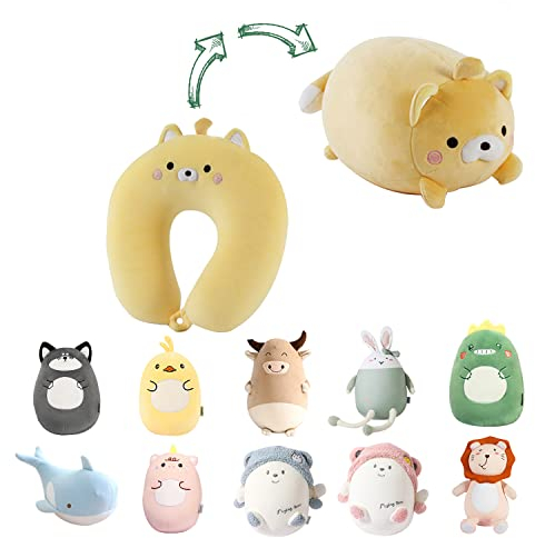 JOYRAVO Kinder Reisekissen - 2-in-1 verformbares Nackenkissen, weiches U-förmiges Kissen mit niedlichen Plüschtieren, gemütlicher Schlaf- und Spielbegleiter für Flugzeuge, Autos und Reisen - Bär