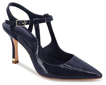Coutgo Womens High Heels Pointed Toe Ankle Strap Pumps Patent Leather Sexy Stiletto Office Wedding Dress Shoes, Navy, Size 7