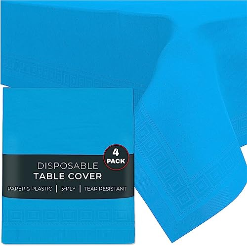 HOUZZKINGZ USA Blue Paper Tablecloths, 54' X 108' 4 Pack, 3-Ply Premium Paper & Plastic Table Cloths for Parties, Disposable