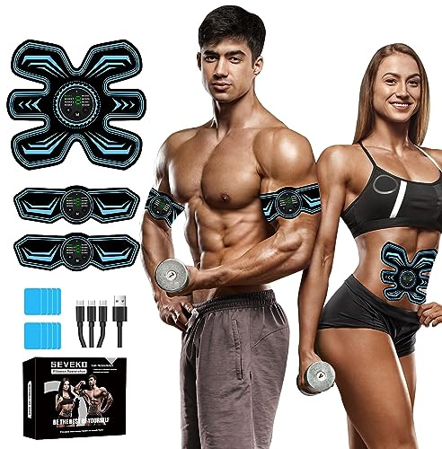 SEVEKO Elettrostimolatore Muscolare Addominali, Cintura Dimagrante Addominale, Elettrostimolatore per Un Allenamento a Tutto Corpo, 8 modalità e 15 Intensità, 10 Ricambi di Idrogel (Blu)