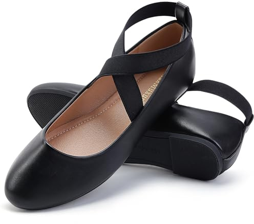 MaxMuxun Ballerine classiche da donna eleganti scarpe basse da donna con cinturino incrociato elastico confortevole ballerina scarpe da donna piatte, Nero , 40 EU