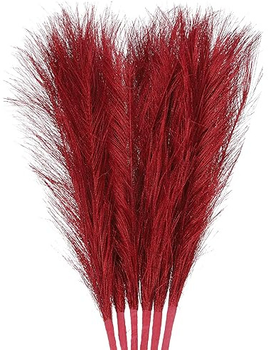QUARKZMAN 6Stk Pampas Kunstgras Klein 45cm/17.7 Falsch Flauschig Pampas-Kunstrasen 7 Zweige Künstlicher Vasenfüller für Hause Büro Vase Hochzeit Dekoration Rot