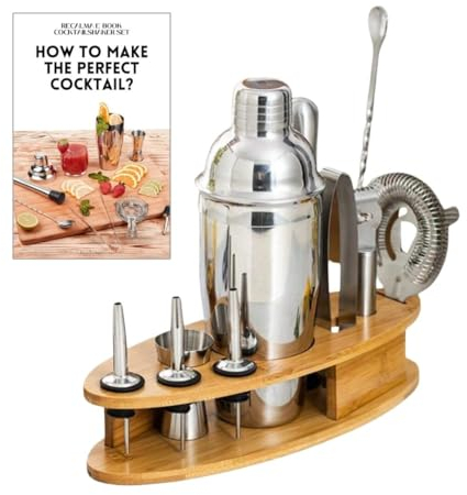 Recalma Set di Shaker Cocktail con Supporto, in Acciaio Inox Kit Cocktail, Set da 12 Pezzi, Kit Barman con Ricettario, Set Cocktail Regalo